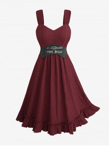 Plus Size Textured Crinkle PU Strap Buckle Grommet Belted A Line Solid Dress - DEEP RED - L | US 12