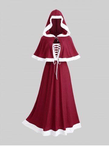 Plus Size Christmas Lace Up Fleece Trim Tank Dress and Heart Chain Buckle Hooded Cloak - RED - L | US 12