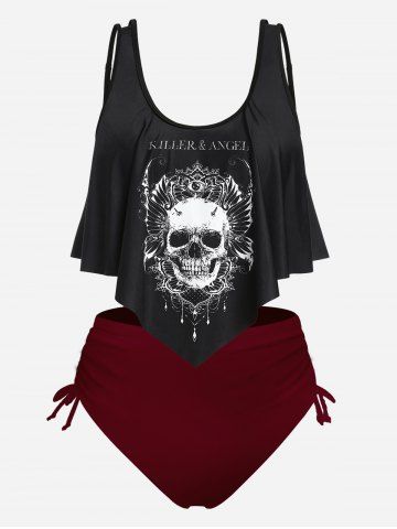 Plus Size & Curve Gothic Skull Print Ruffled Overlay Tankini Swimwear - MULTI-A - 1X