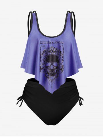 Plus Size & Curve Gothic Skull Print Ruffled Overlay Tankini Swimwear - PURPLE - 3X