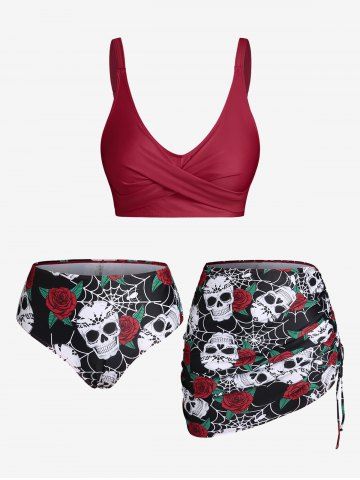 Plus Size & Curve Skull Rose Print Crossover Three Piece Bikini Swimsuit - DEEP RED - L