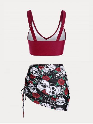 Plus Size & Curve Skull Rose Print Crossover Three Piece Bikini Swimsuit