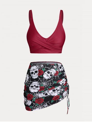Plus Size & Curve Skull Rose Print Crossover Three Piece Bikini Swimsuit