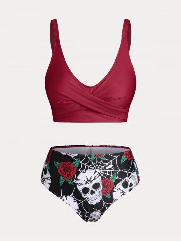 Plus Size & Curve Skull Rose Print Crossover Three Piece Bikini Swimsuit