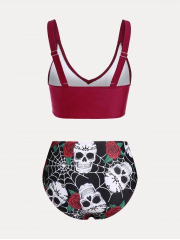 Plus Size & Curve Skull Rose Print Crossover Three Piece Bikini Swimsuit