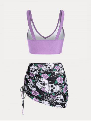 Plus Size & Curve Skull Rose Print Crossover Three Piece Bikini Swimsuit