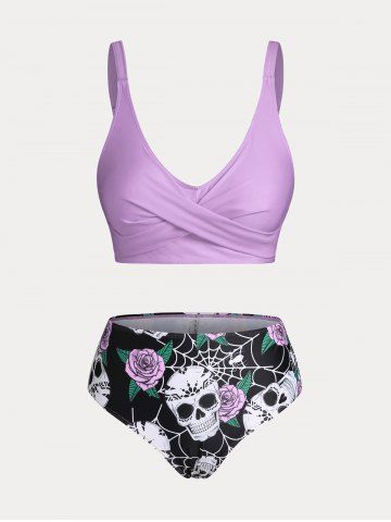 Plus Size & Curve Skull Rose Print Crossover Three Piece Bikini Swimsuit