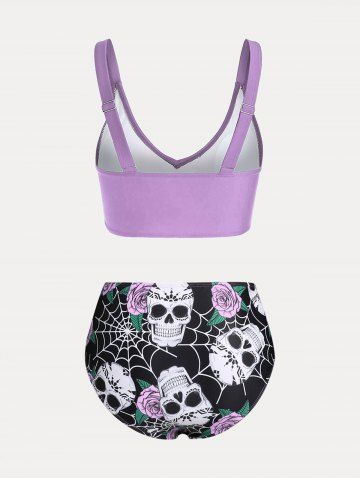 Plus Size & Curve Skull Rose Print Crossover Three Piece Bikini Swimsuit