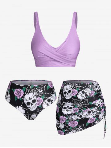 Maillot de Bain Bikini Croisé Rose et Crâne Imprimés de Grande Taille Trois Pièces - PURPLE - 4X
