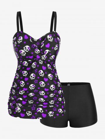 Plus Size Skull Bowknot Heart Stars Print Boyleg Tankini Swimsuit - PURPLE - 4X | US 26-28
