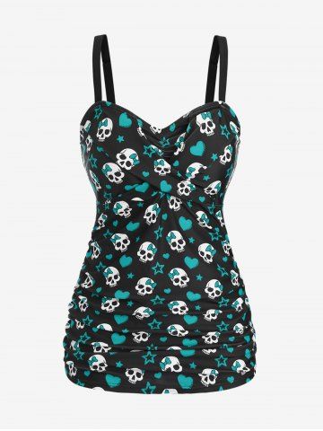 Plus Size Skull Bowknot Heart Stars Print Boyleg Tankini Swimsuit