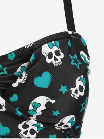 Plus Size Skull Bowknot Heart Stars Print Boyleg Tankini Swimsuit