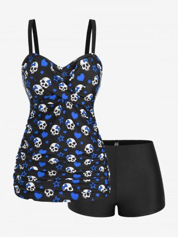 Plus Size Skull Bowknot Heart Stars Print Boyleg Tankini Swimsuit - BLUE - L | US 12