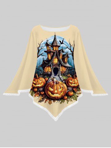 Plus Size Pumpkin Castle Tree Eagle Print Pullover Halloween Asymmetric Cape Cloak - CHAMPAGNE - ONE SIZE