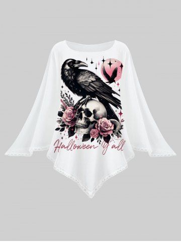 Plus Size Skull Rose Flower Eagle Moon Star Letters Print Halloween Pullover Asymmetric Cape Cloak - WHITE - ONE SIZE