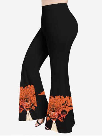 Plus Size Pumpkin Wizard Spider Web Tree Print Halloween Flare Pants - BLACK - M