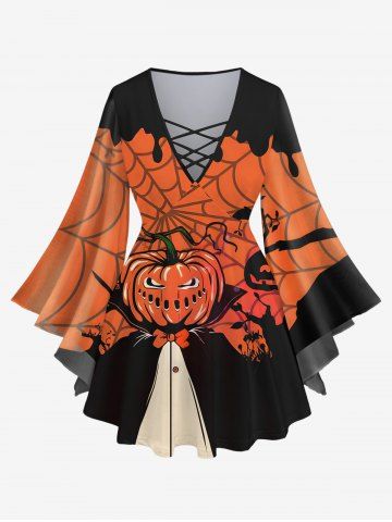 Plus Size Flare Sleeves Pumpkin Wizard Spider Web Tree Print Halloween Lattice T-shirt - MULTI-A - 1X