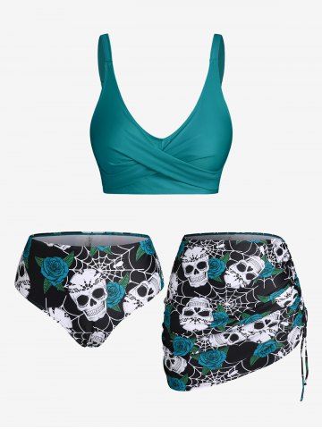 Plus Size & Curve Skull Rose Print Crossover Three Piece Bikini Swimsuit - DEEP GREEN - 2X