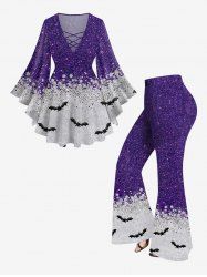 Ensemble de T-shirt D'Halloween Evasé Galaxie et Chauve-souris Imprimés en Treillis Grande Taille à Paillettes - Pourpre  