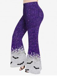 Plus Size Glitter Sparkling Galaxy Sequins Bat Print Halloween Pull On Flare Pants -  