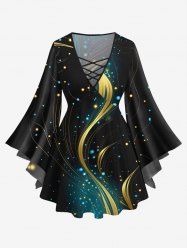 Plus Size Glitter Galaxy Light Beam Curve Print Flare Sleeves Lattice T-shirt -  