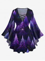 Plus Size Christmas Tree Star Glitter Light Beam 3D Print Lattice Crisscross Flare Sleeve T-shirt -  