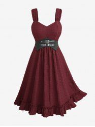 Robe Ligne A Texturée Ceinturée Grande Taille à Bretelle Bouclée en PU - Rouge foncé 5x | US 30-32