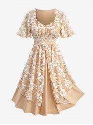 Plus Size Floral Lace Panel Gold Line Ruched Layered A Line Milkmaid Dress -  