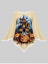 Plus Size Pumpkin Castle Tree Eagle Print Pullover Halloween Asymmetric Cape Cloak -  
