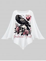 Plus Size Skull Rose Flower Eagle Moon Star Letters Print Halloween Pullover Asymmetric Cape Cloak -  