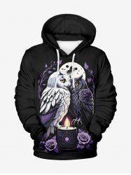 Pull à capuche à manches longues pour homme, motif hibou, lune, rose, fleur, bougie, branche, feuille, imprimé Halloween, grande taille - Noir 4XL