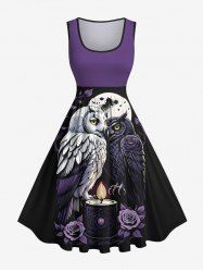 Robe trapèze vintage grande taille avec imprimé hibou, lune, rose, fleur, bougie, branche, feuille, costume d'Halloween - Multi-A L