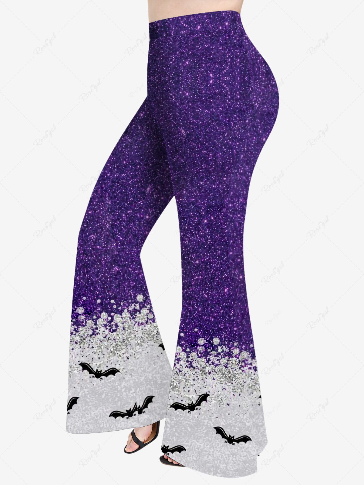 Sale Plus Size Glitter Sparkling Galaxy Sequins Bat Print Halloween Pull On Flare Pants  