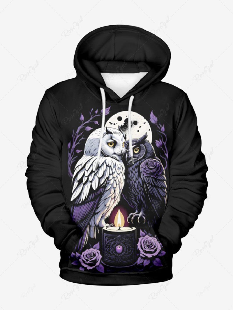 Sale Plus Size Owl Moon Rose Flower Candle Branch Leaf Print Halloween Pullover Long Sleeves Hoodie For Men  