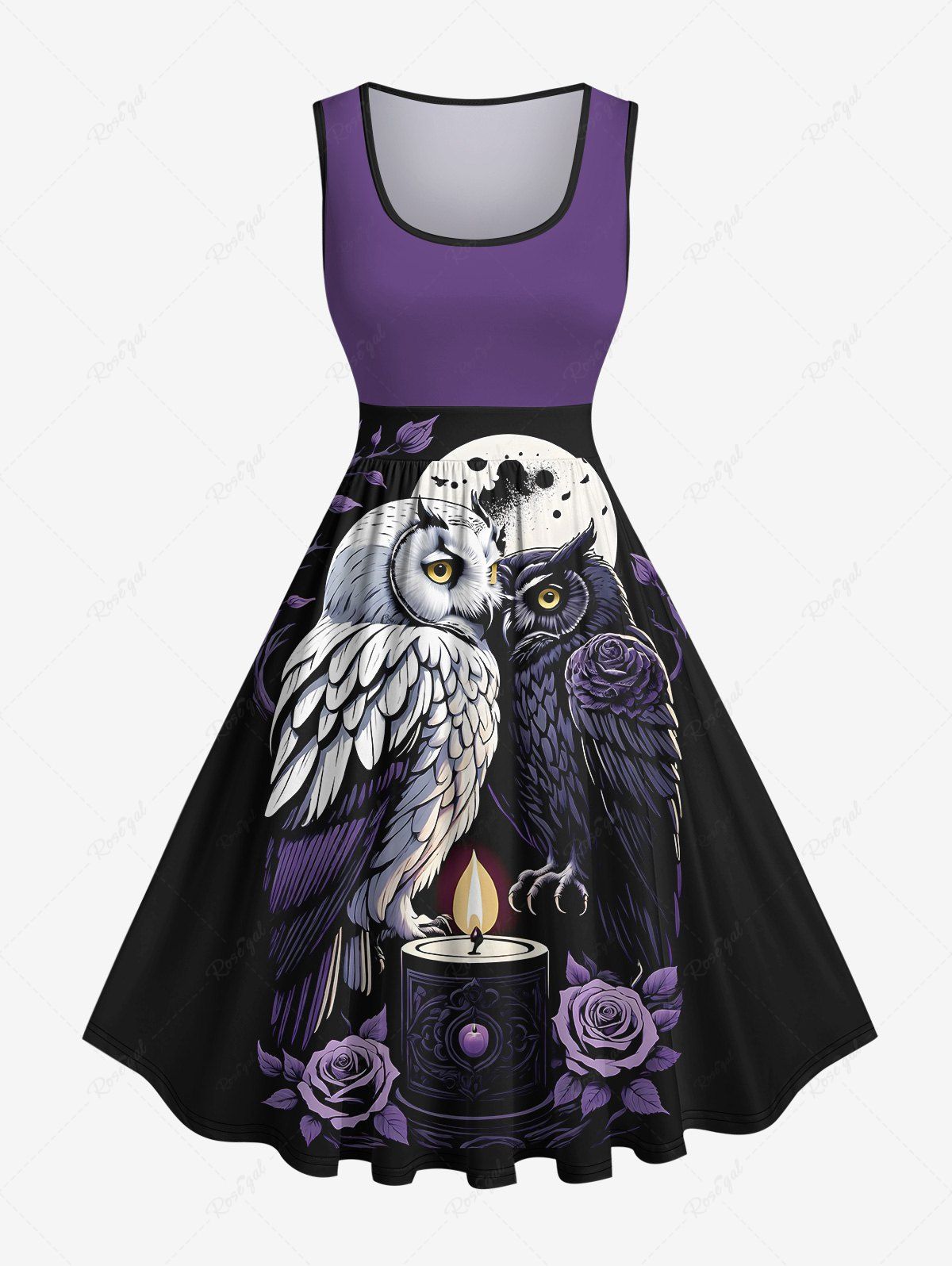 Robe trapèze vintage grande taille avec imprimé hibou, lune, rose, fleur, bougie, branche, feuille, costume d'Halloween Multi-A XS