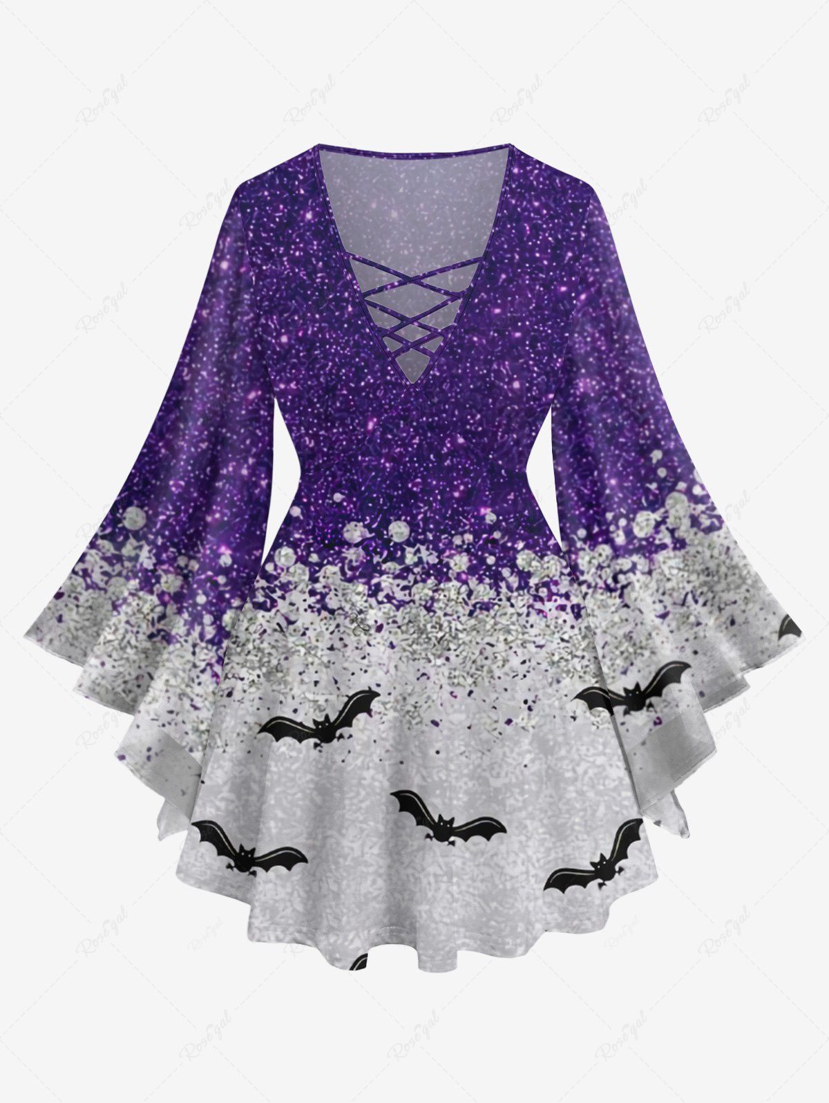 Affordable Plus Size Flare Sleeves Glitter Sparkling Galaxy Sequins Bat Print Halloween Lattice T-shirt  