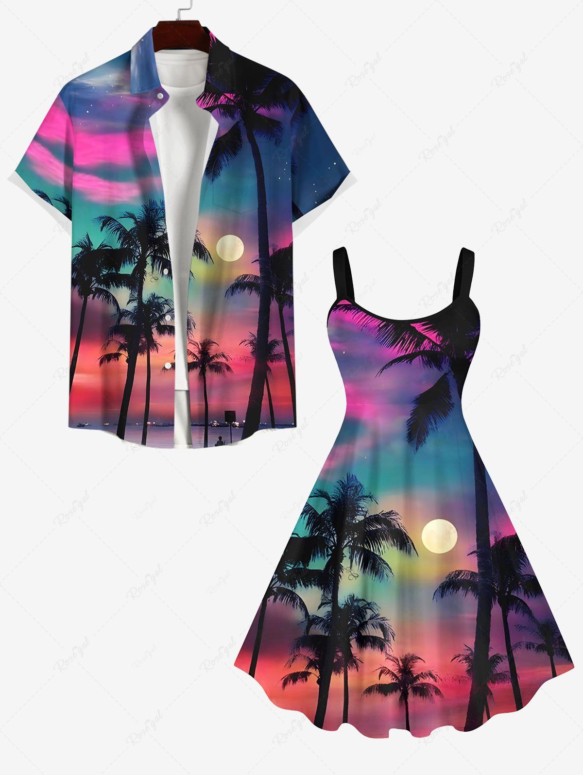 Short de Plage Transparent Ombré Imprimé Cocotier et Lune Coloré Grande Taille pour Couples Multi-A 