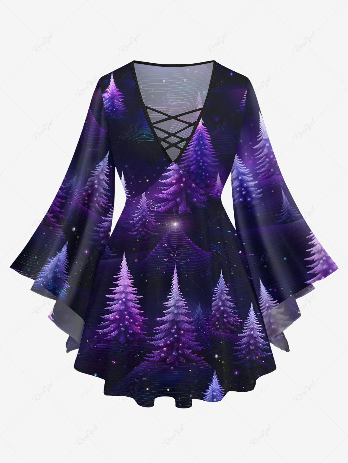 Best Plus Size Christmas Tree Star Glitter Light Beam 3D Print Lattice Crisscross Flare Sleeve T-shirt  