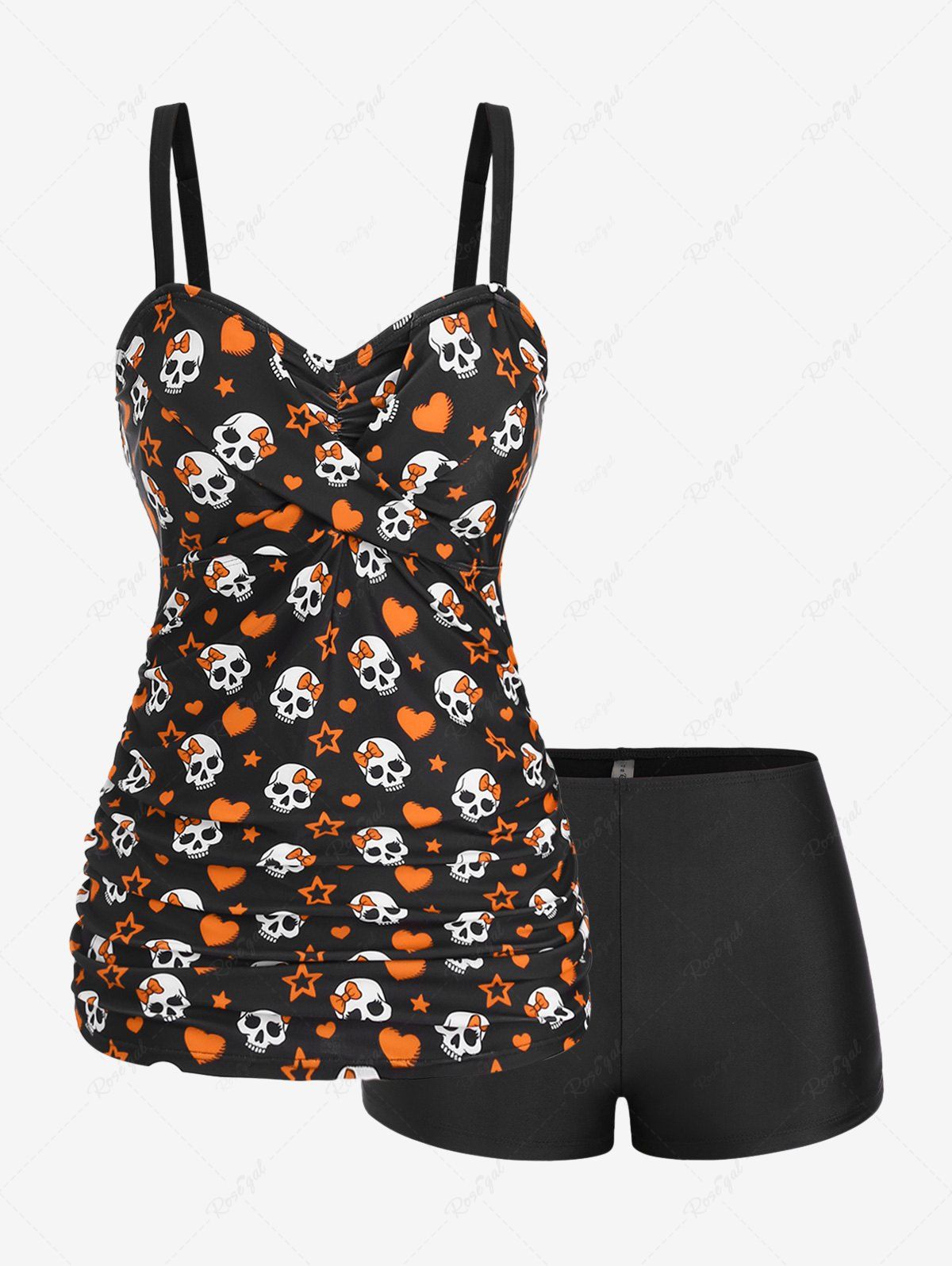 Unique Plus Size Skull Bowknot Heart Stars Print Boyleg Tankini Swimsuit  