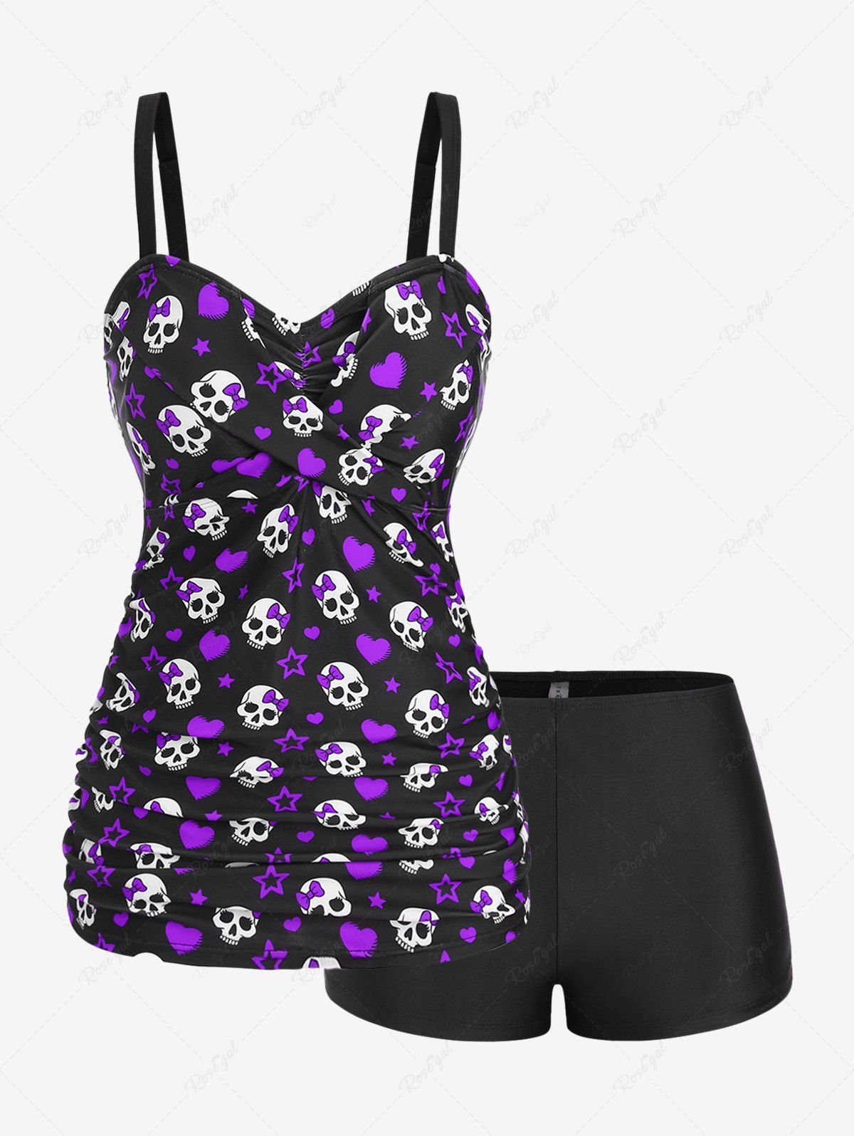 Discount Plus Size Skull Bowknot Heart Stars Print Boyleg Tankini Swimsuit  
