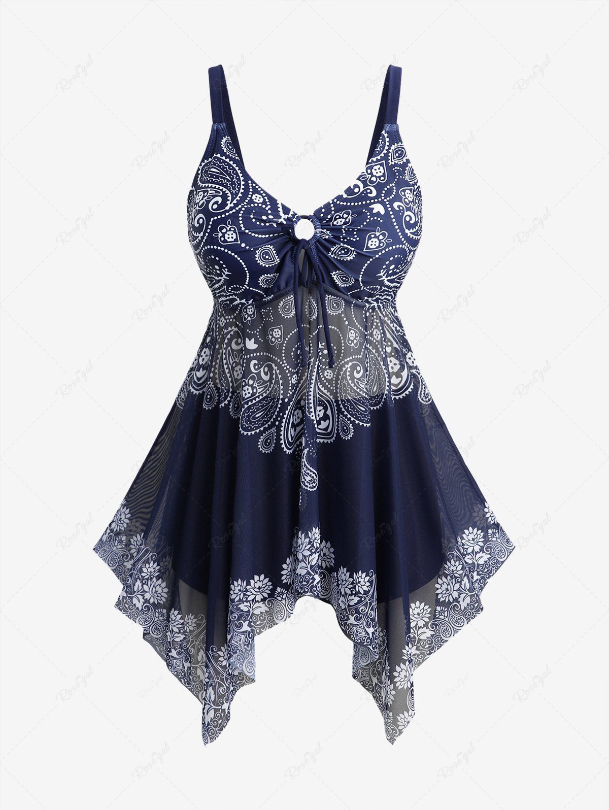 Shop Plus Size Paisley Floral Print Cinched Ruched Asymmetrical Boyshorts Tankini Swimsuit  