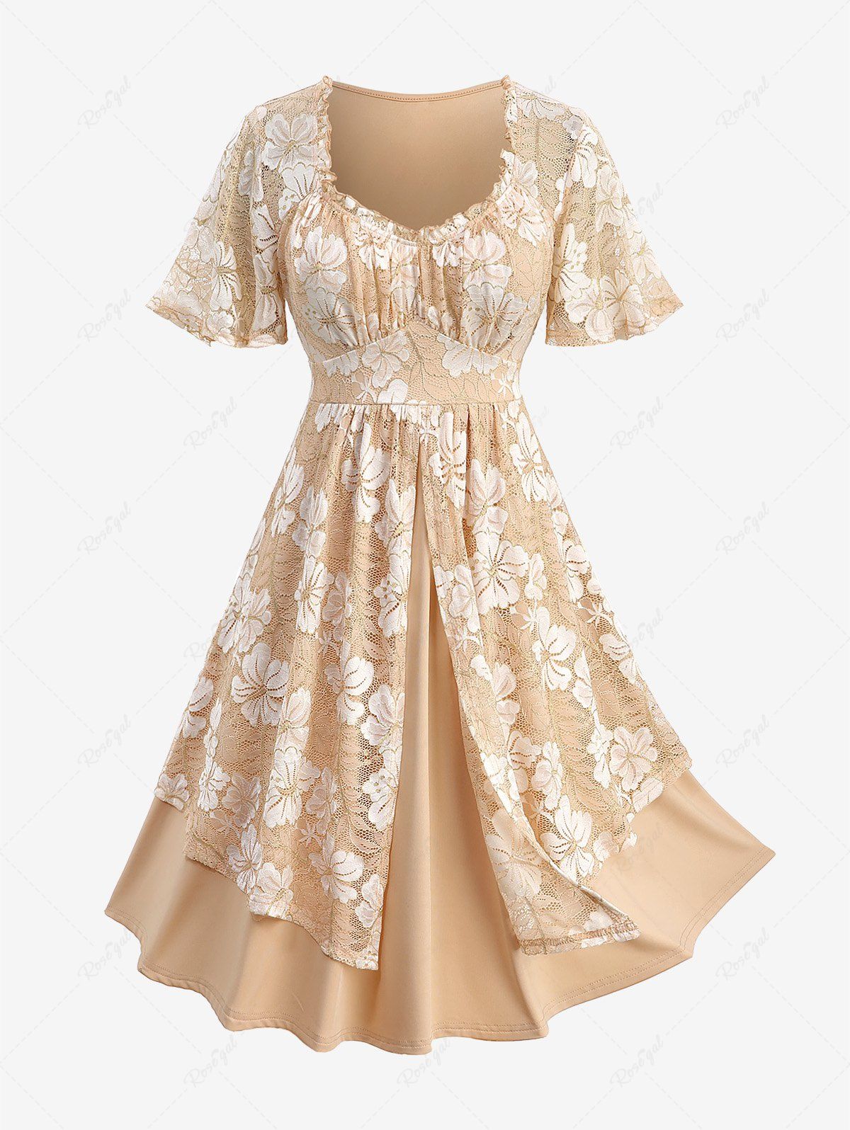 Online Plus Size Floral Lace Panel Gold Line Ruched Layered A Line Milkmaid Dress  