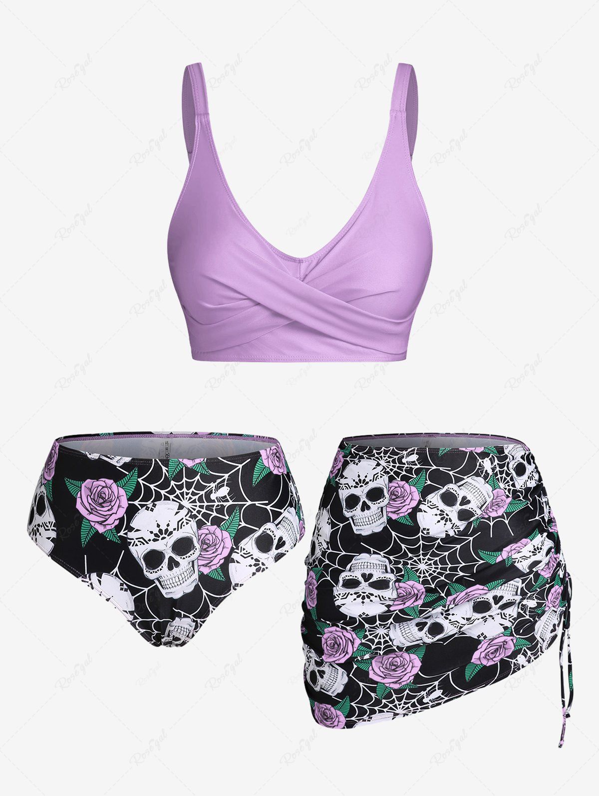 Shops Plus Size & Curve Skull Rose Print Crossover Three Piece Bikini Swimsuit  