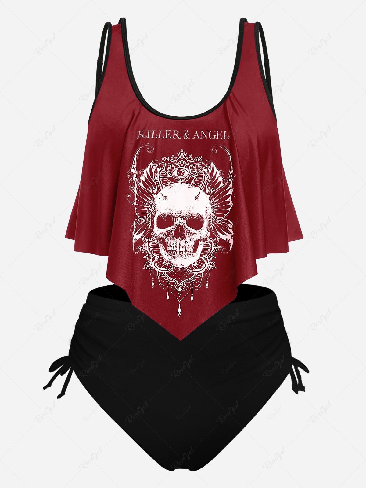 Hot Plus Size & Curve Gothic Skull Print Ruffled Overlay Tankini Swimwear  