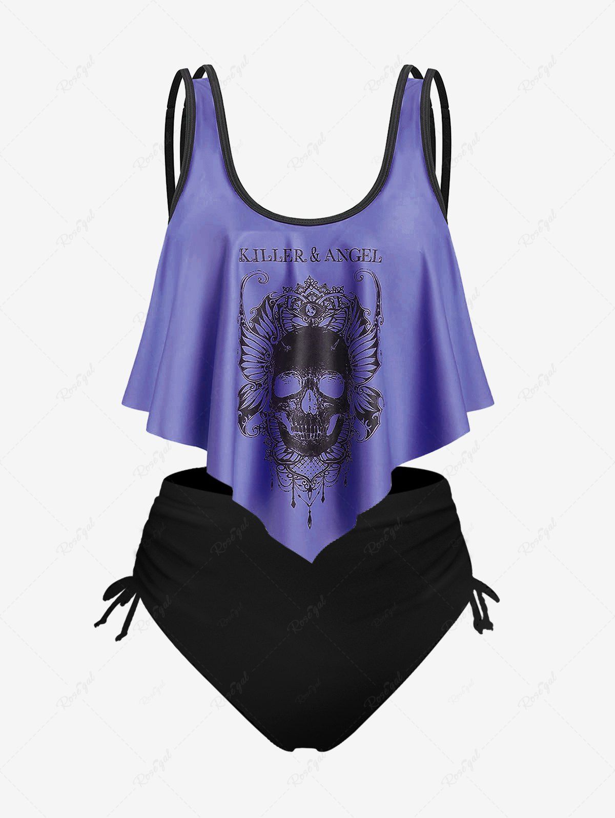 Fashion Plus Size & Curve Gothic Skull Print Ruffled Overlay Tankini Swimwear  
