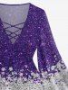 Ensemble de T-shirt D'Halloween Evasé Galaxie et Chauve-souris Imprimés en Treillis Grande Taille à Paillettes - Pourpre  