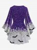 Plus Size Flare Sleeves Glitter Sparkling Galaxy Sequins Bat Print Halloween Lattice T-shirt -  