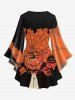 Plus Size Flare Sleeves Pumpkin Wizard Spider Web Tree Print Halloween Lattice T-shirt -  