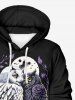 Plus Size Owl Moon Rose Flower Candle Branch Leaf Print Halloween Pullover Long Sleeves Hoodie For Men -  