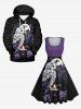 Robe trapèze vintage grande taille avec imprimé hibou, lune, rose, fleur, bougie, branche, feuille, costume d'Halloween - Multi-A XS